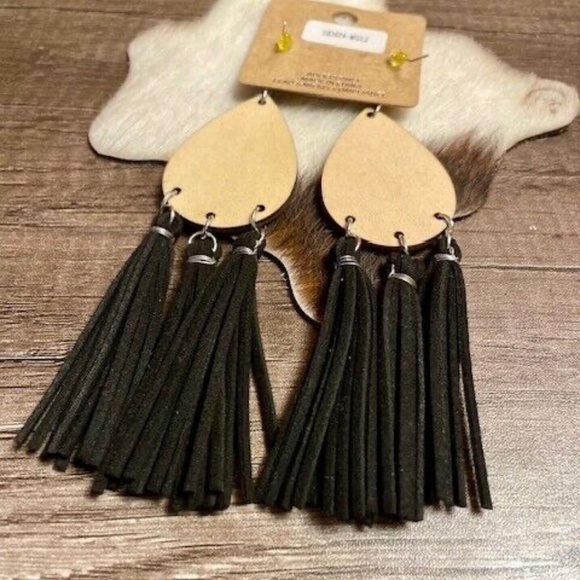 Aztec Wood Leather Teardrop Tassel Fringe Earrings - Picture 3 of 3